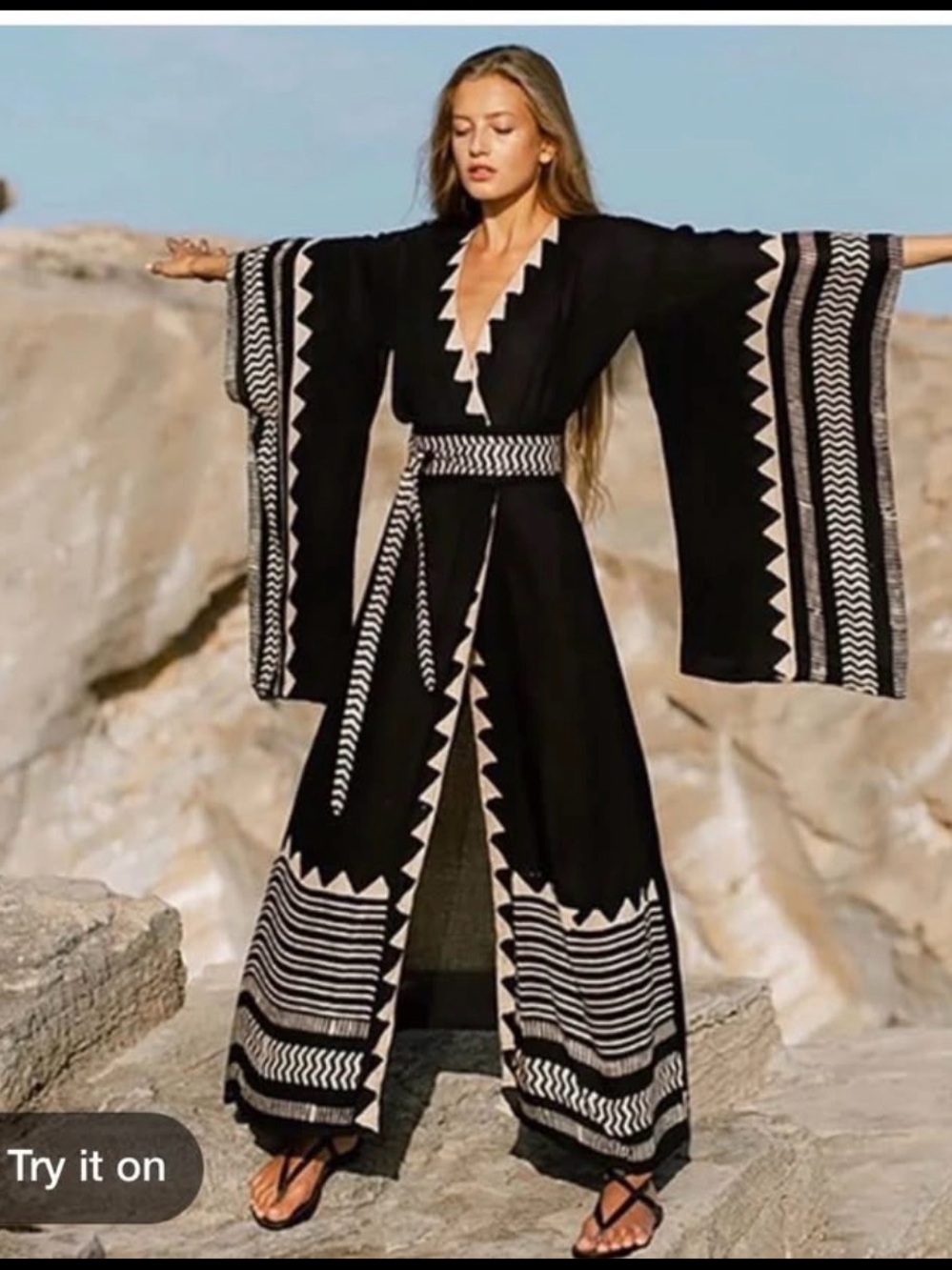 Navy & Beige Geometric Open Front Kimono Jacket